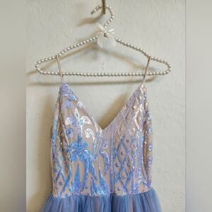 Windsor Iridescent Blue Sequin Tulle Prom Dress